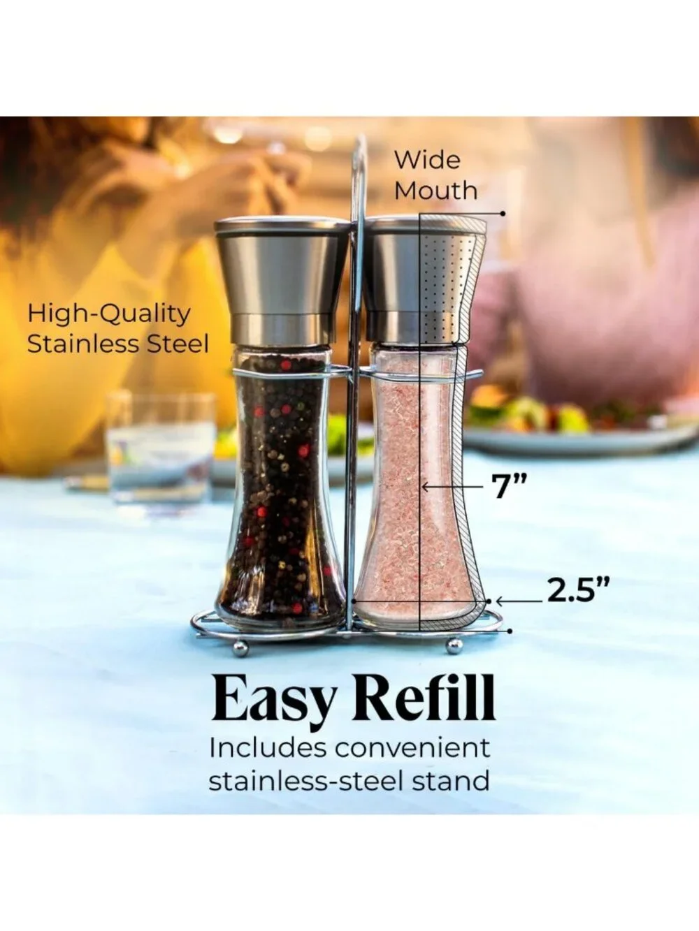 Stylish Stainless Steel Salt & Pepper Grinder Set with Adjustable Coarseness